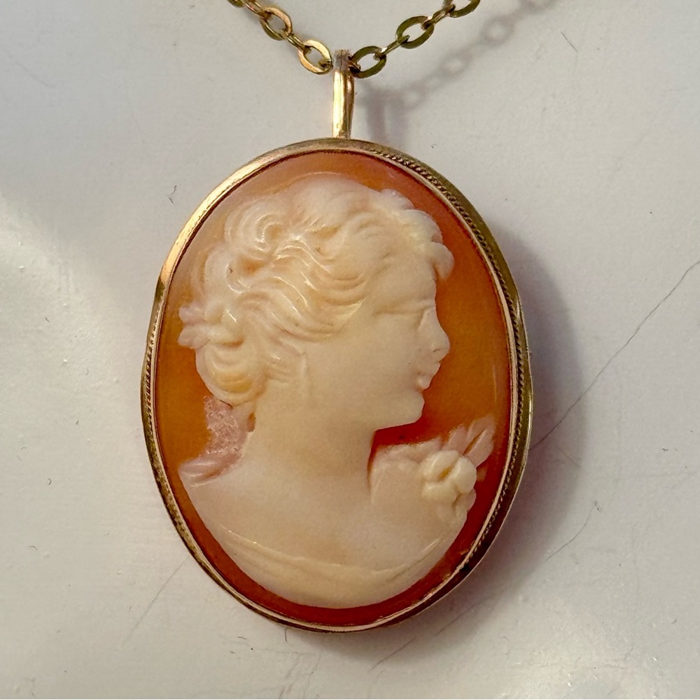 Vintage Italian 14K Gold Cameo Pendant Necklace or Brooch /Gold Chain Necklace